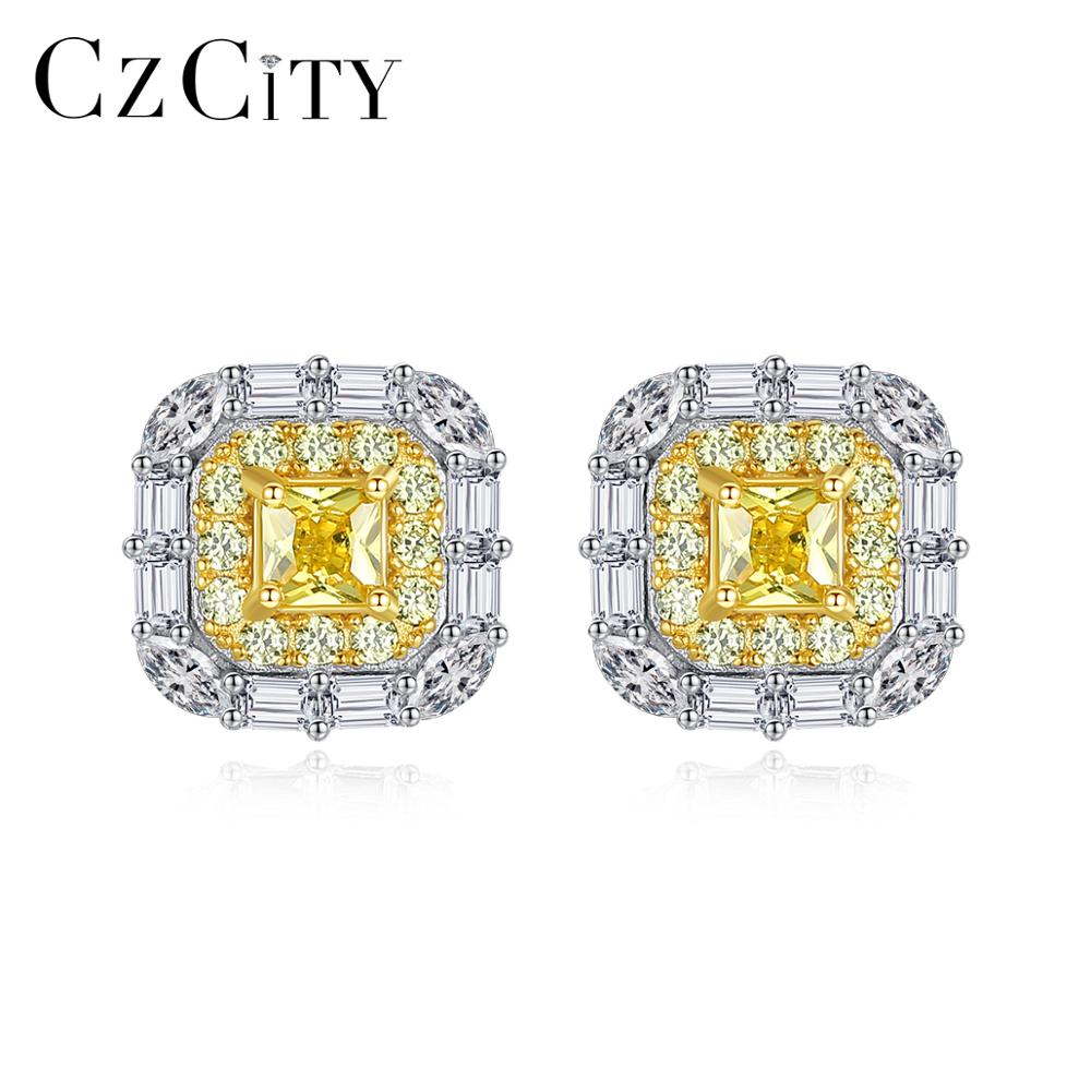 CZCITY Fancy Yellow Crystal Formica Cubic Zirconia 925 Sterling Silver Women's Stud Earrings for Party