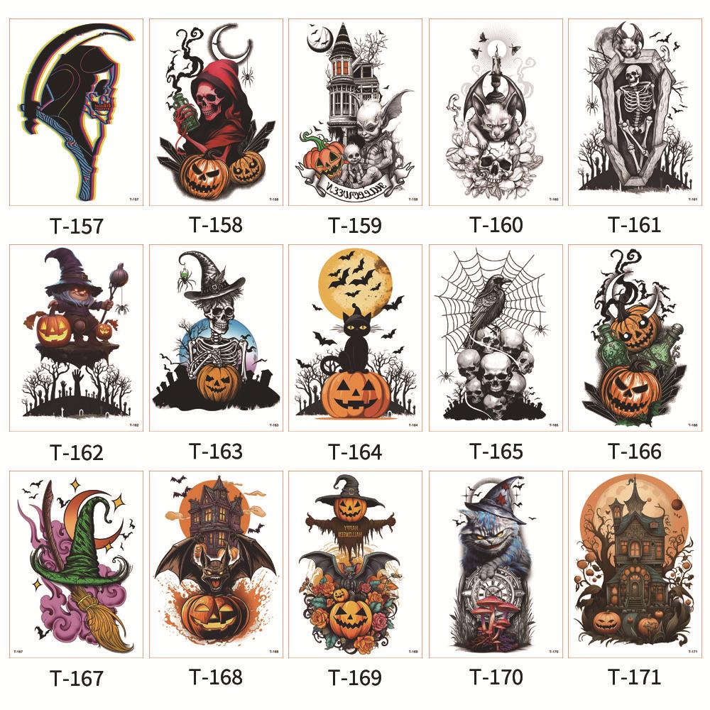 Waterproof sweat-resistant large floral arm tattoo sticker, dark Halloween horror tattoo, pumpkin skull Prajna tattoo sticker