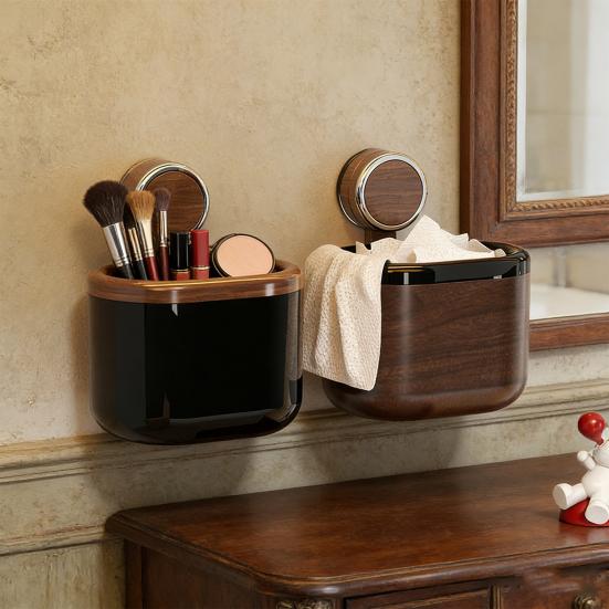Storage Bucket Wall Mounted Suction Cup Design Large Capacity Wastebasket with Wood Grain Appearance Organizer for Bathroom