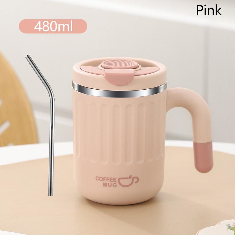 

480Ml Heat-Resistant Mug Stainless Steel Coffee Cup With Straw Breakfast Milk Mug Drinking Cup Office Water Cup For Girls Gift