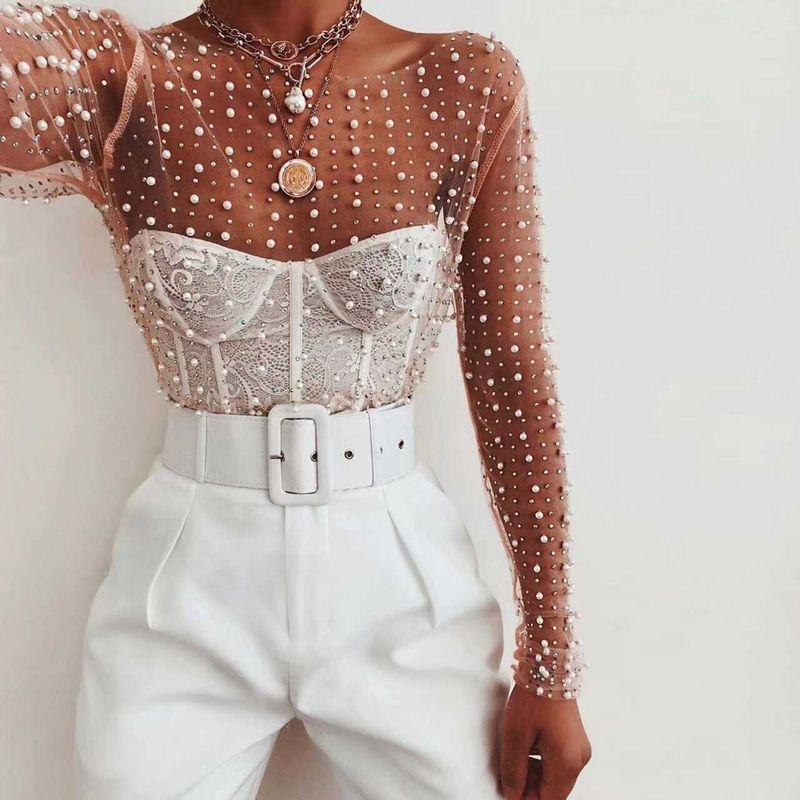 

Mesh Transparent Blouse Top Hot Drilling Pearl Top Elastic round Neck Mesh Transparent Cover up White L