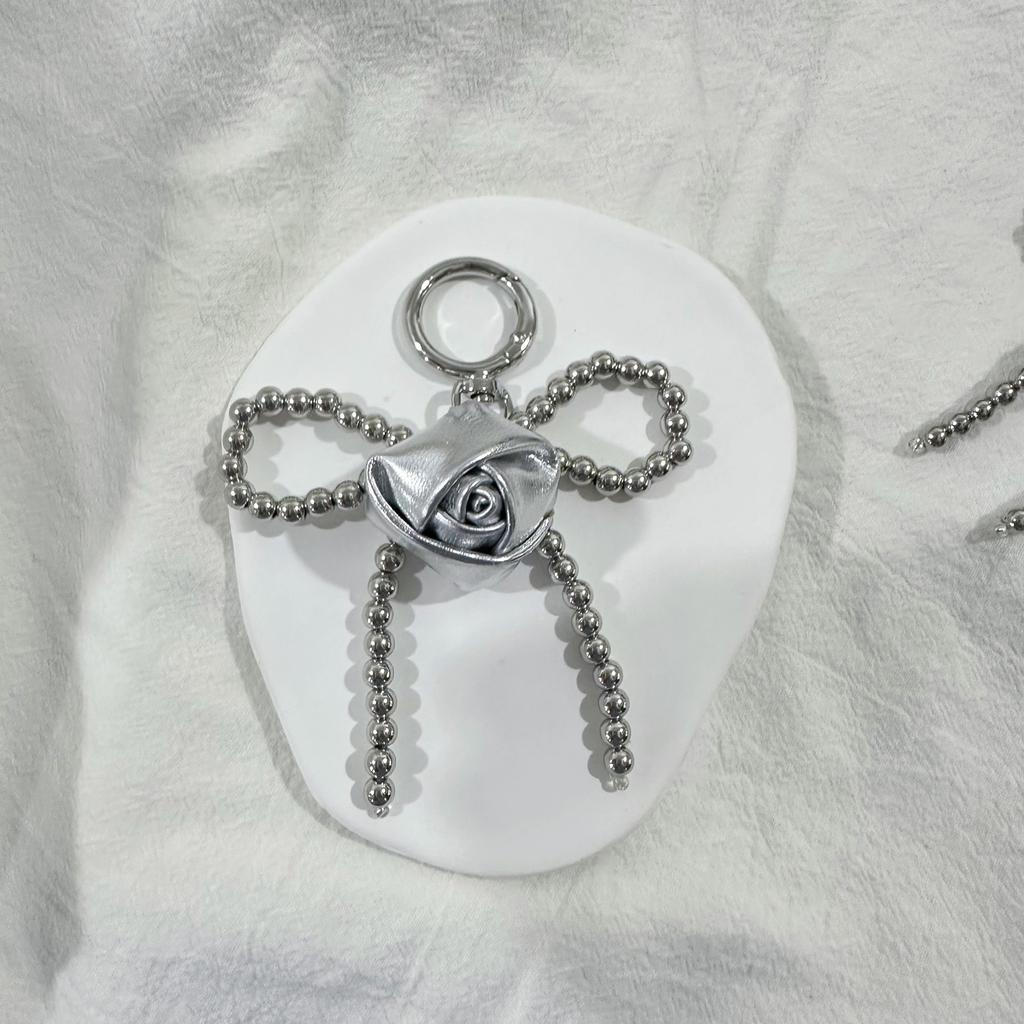 Handmade Beaded Bowknot Keychain Pendant Elegant Rose Phone Charm Keyring Ornament for Backpack Phones and Bag