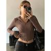 Spicy Girl Fashion Slim Fit T-shirt for Spring and Autumn, Zipper Cardigan, V-neck Long Sleeved Top