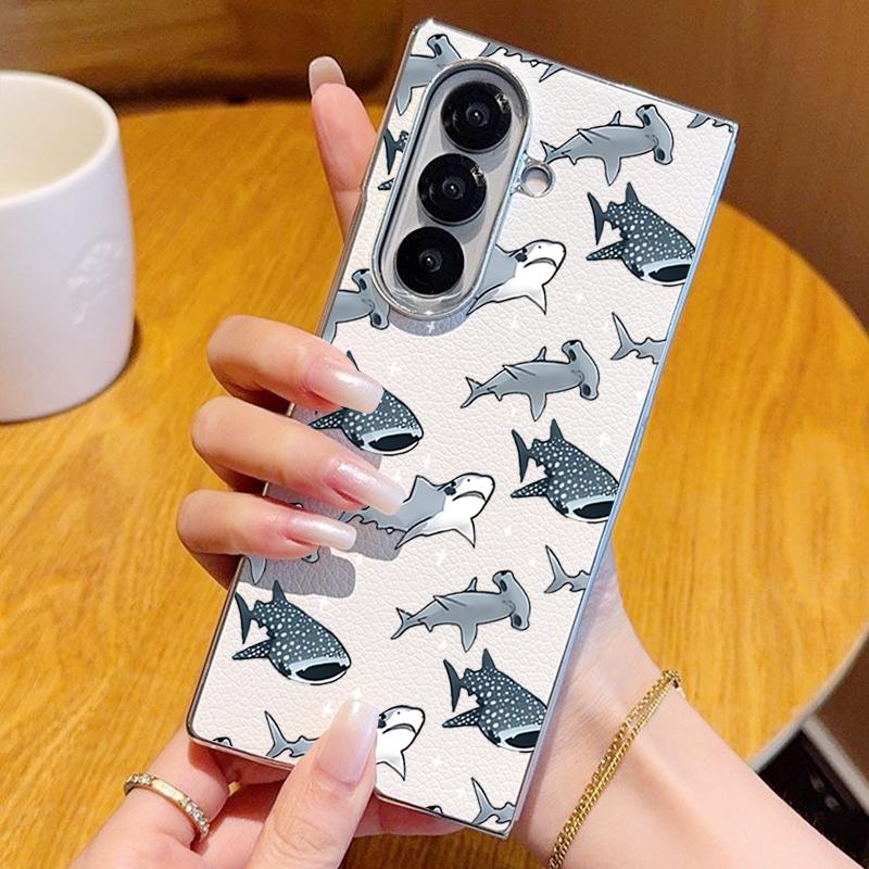 Whale Pattern PU Leather Phone Case For Samsung Galaxy Z Fold 7 6 5 Fold7 Fold6 Fold5 Silver Plating Frame Hard Folding Cover Galaxy Z Fold7