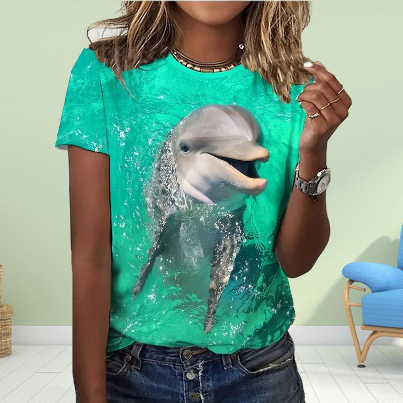Fashion Womenwhale Print T Shirt Funny Casual O-neck Short Sleeves T-shirt Summer Female Tee Shirt