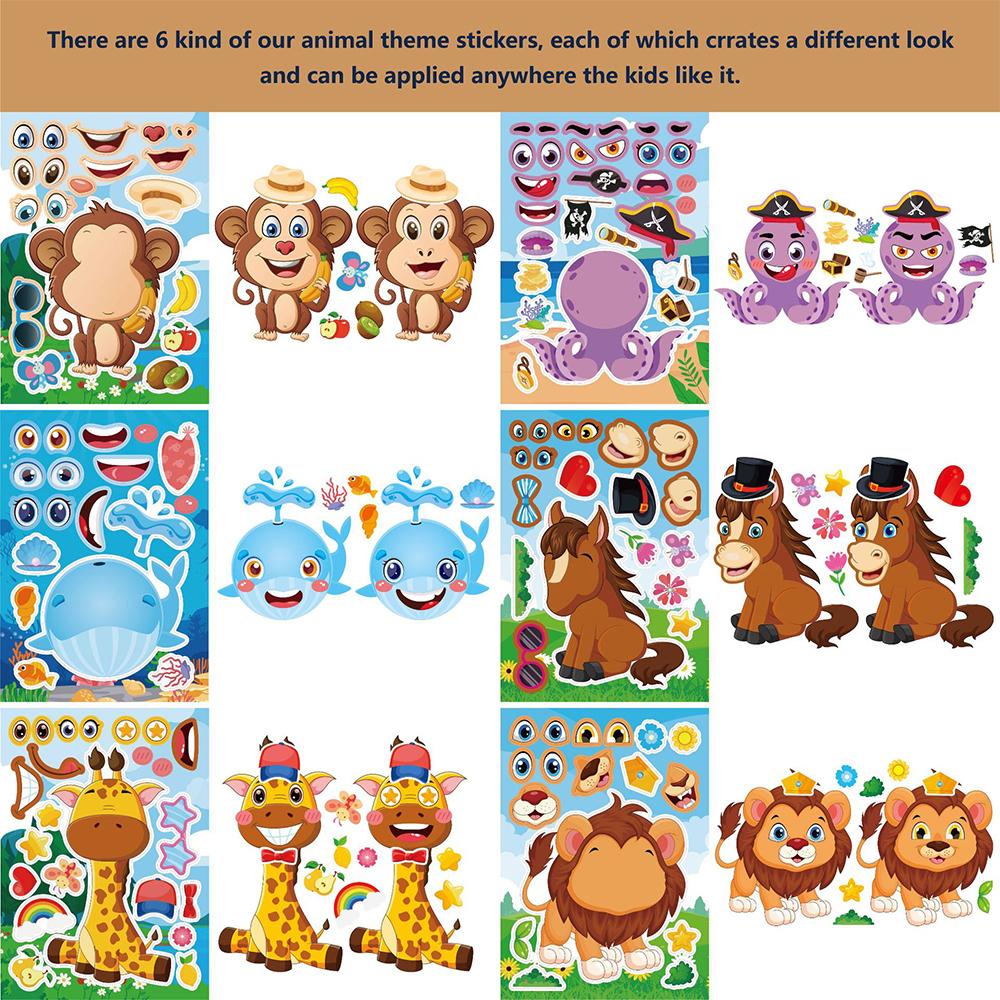 6/12sheets Funny Kawaii Cartoon Animals Puzzle Game Stickers Cute Make a Face Decals DIY Notebook Assemble Jigsaw Toys Sticker