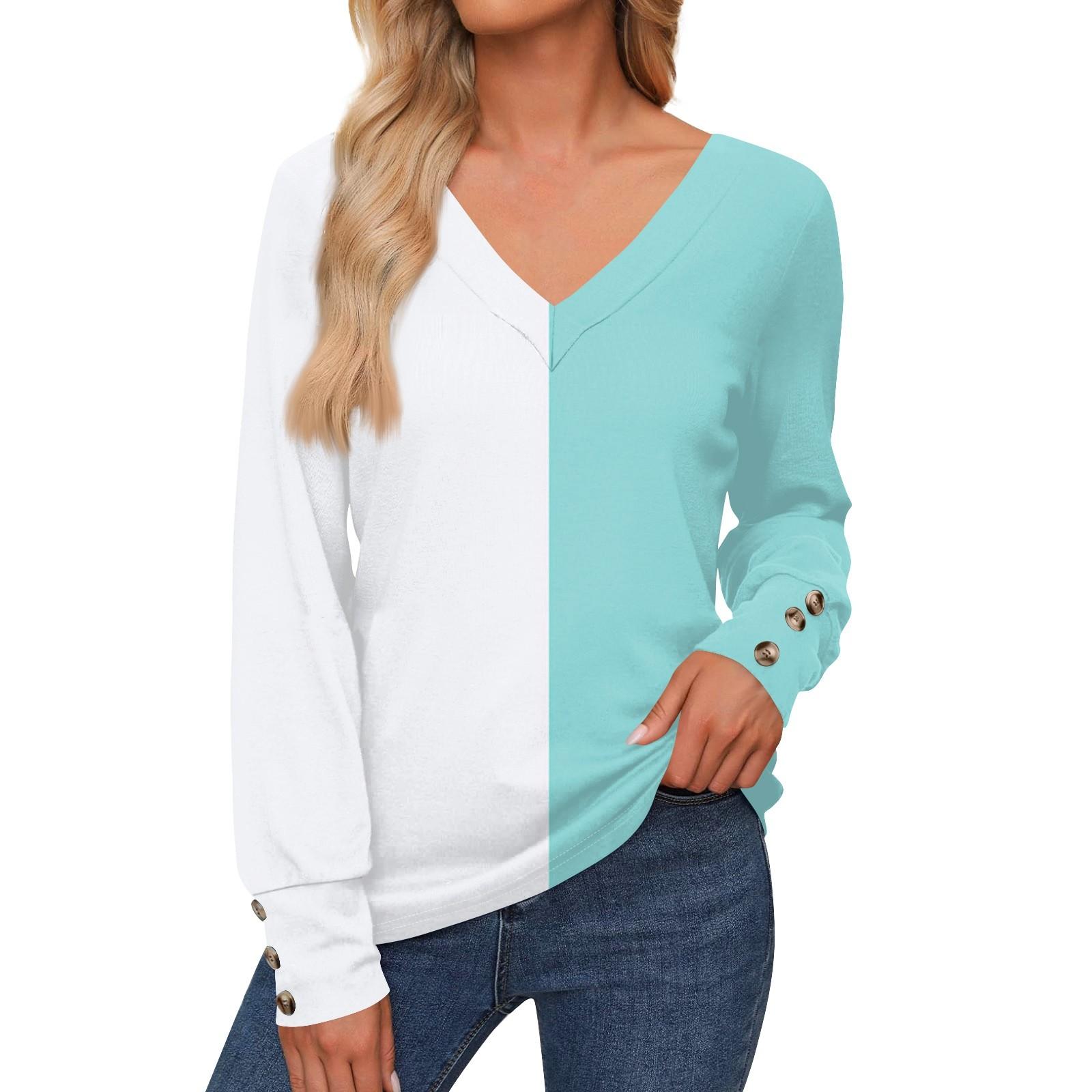 

Женская повседневная модная рубашка с длинными рукавами и манжетами на пуговицах, свободная футболка с V-образным вырезом, осенняя одежда L