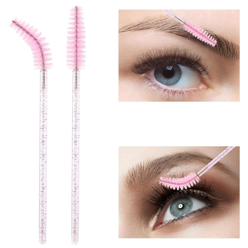 100 Pcs Disposable Mascara Wands & Crystal Eyebrow Spoolies Brush for Eyelash Extensions Pink Lash Brushes Container