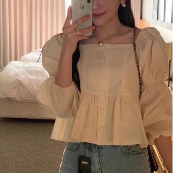 Dongdaemun Solid Color Lace Long Puff Sleeve Chiffon Blouse - Spring/Autumn 2025