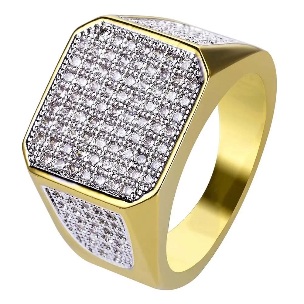 2023 Trendy Golden Full Crystal Geometric Men's Ring Business Style Party Wedding Fashion   Male Hand Accessories