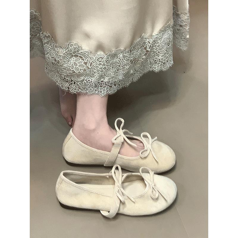 Ballet word with bow single shoes women's spring and autumn soft-soled flat-soled grandma beanie ladyshoes