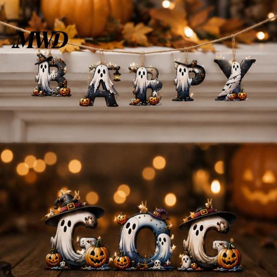 Creative Photo Prop Wall Decorations Halloween Letter Ornament, Spooky Hanging Wooden Alphabet Letters Pendant with Ghost Holiday Scenery for