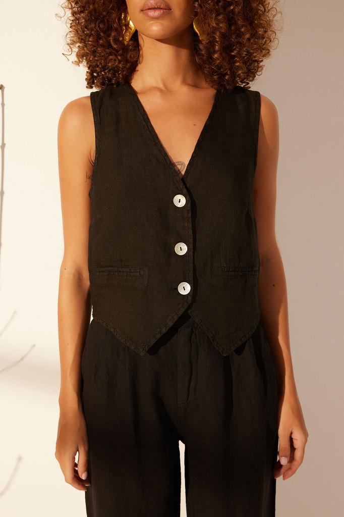 Women's Fashion Black 100% Linen Fitted Vest