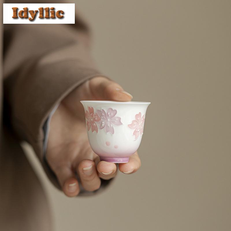 2pc/lot Hand-painted Cherry Blossoms Teacup Vintage Tea Bowl Tea Cup Set Tea-tasting Personal Cup Jianzhan Master Cups Gift 50ml