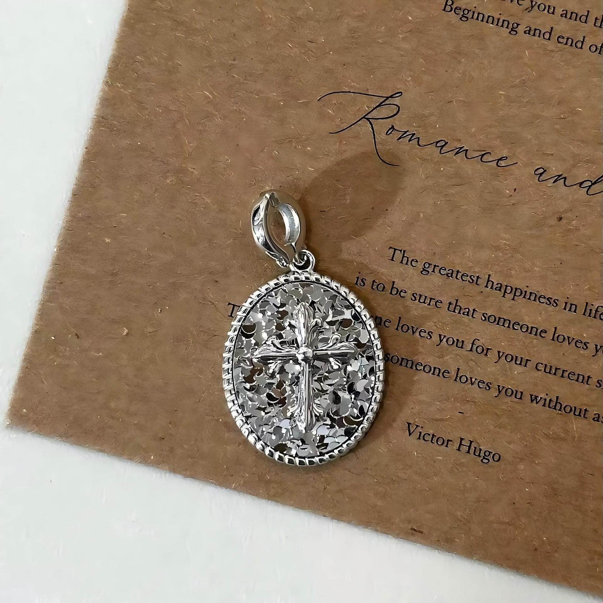 

S925 Sterling Silver Oval Tag Pendant with Crushed Ice Carved Flower and Cross Necklace