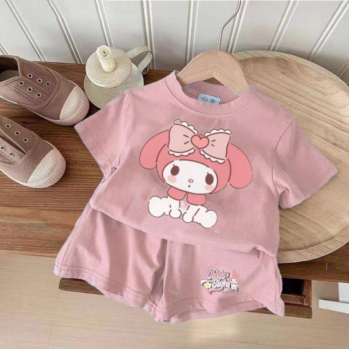 Baby Girl Summer Short Sleeve T Shirt and Shorts Set with Cute Cartoon Print 90 розовый
