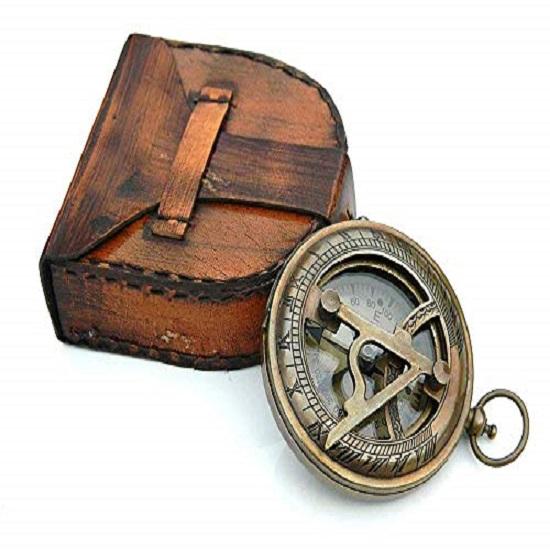

Sundial Compass with Leather Case, Brass ,Gift for Him, Engraved , Push for Camping, Hiking,