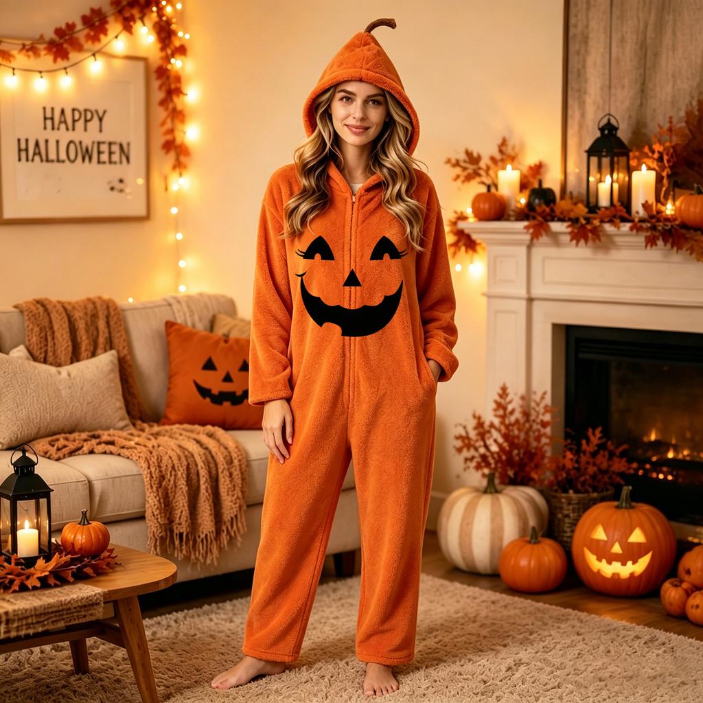 Damen Halloween Print Flanell Strampler Loungewear Set für gemütliches Entspannen