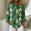 Women's Christmas Printed Button Up Long Sleeved Casual Regular Shirt With Collar Top