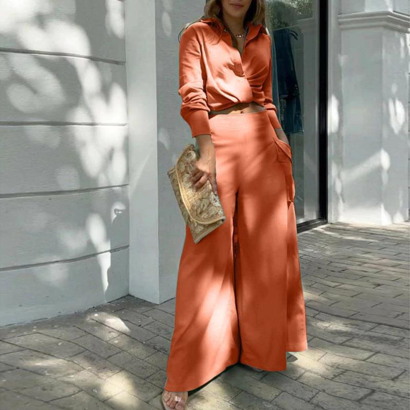 2026 Womens Solid Color Loose Wide Leg Pants Set Casual Elegant Office Wear Long Sleeve Cardigan Outfit