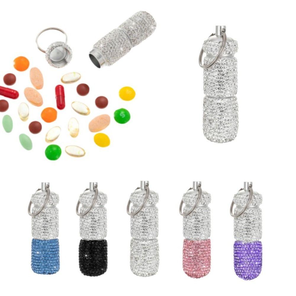 Luxury Rhinestone Bling Pill Case Waterproof with Keychain Cute Storage Box Mini Rhineston Pill Container Outdoor