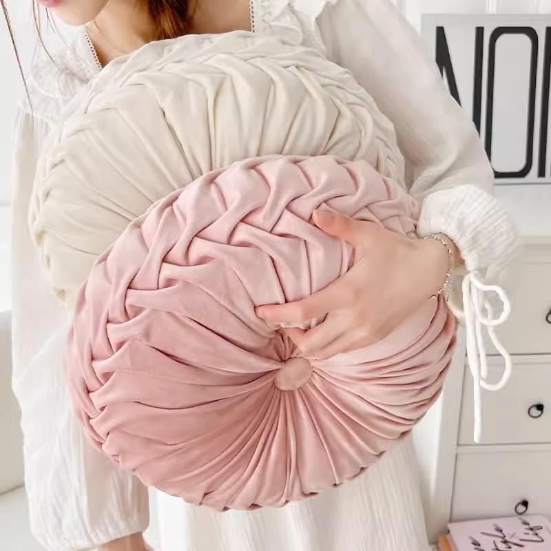 Round Pleated Throw Pillow Soft Velvet Decorative Plush Round Pillow Seat Cushion Decorative Pillows For Bed Couch Chair Cream