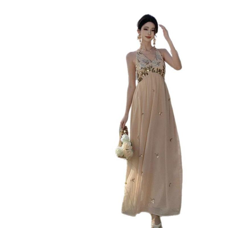 Bead Embroidery Pinch Pleated Neck Strap Holiday Dress Seaside Photo Backless Splicing Sequined Suspender Long Dress Women