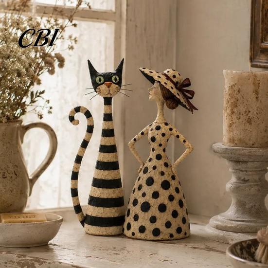 Unique Gifts for Cat Lovers 2Pcs Vintage Lady And Sculptures Set, Resin Striped Figurine, Retro Elegant Desktop Decorations Statue with Polka