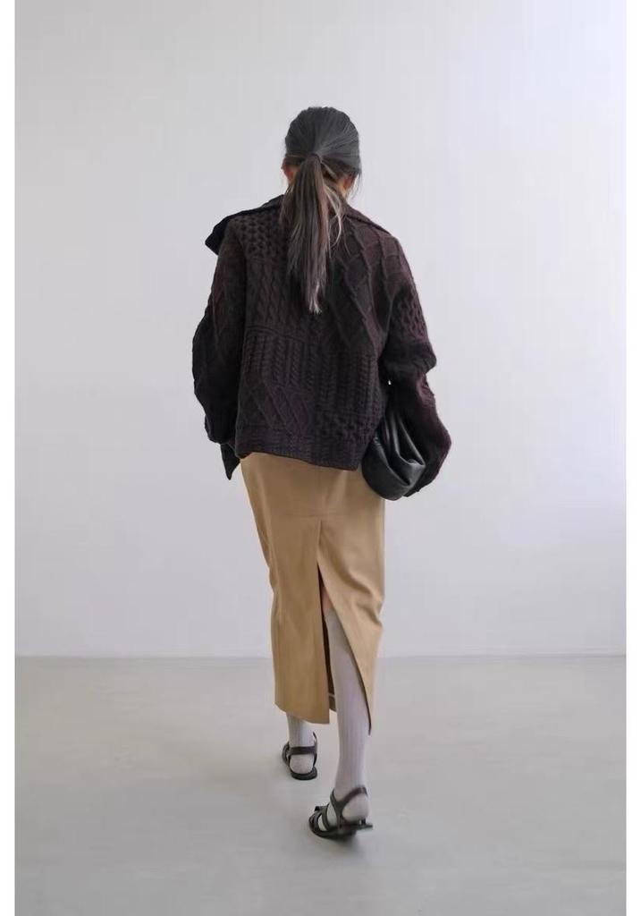 Women's European Style Thick Wool Chunky Knit Cardigan with Big Lapel and High Neck Sweater.