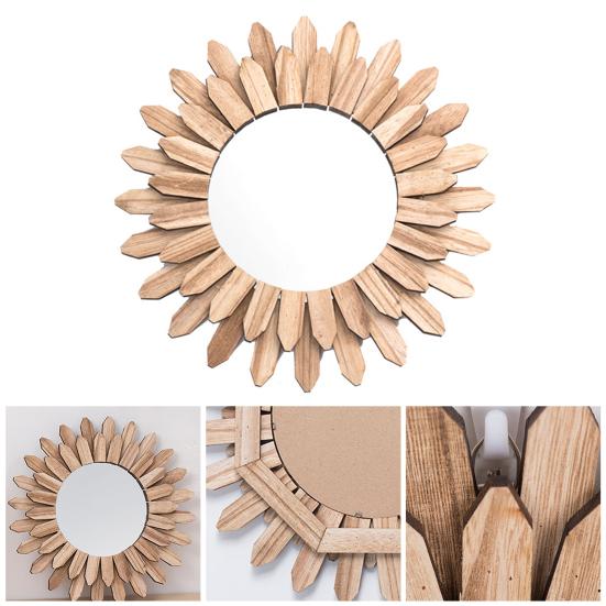 Rustic Wood Sunflower Decoration Wall Mirror Flower Wood Frame Hanging
