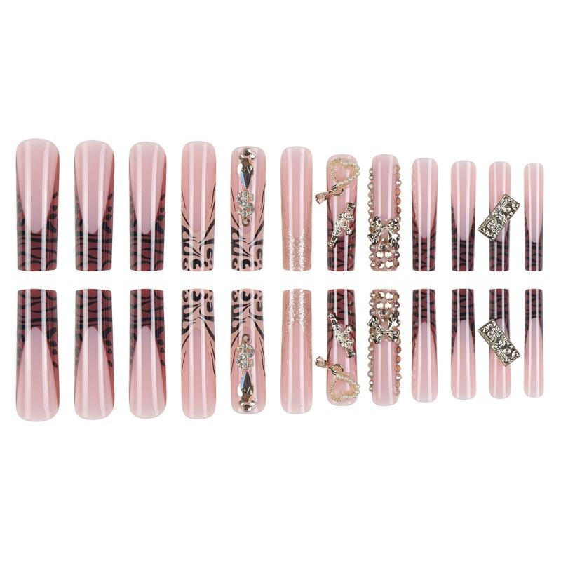 European and American cross-border water pipe nail heavy industry alloy bow gold diamond-encrusted nail leopard print long fake nail manicure