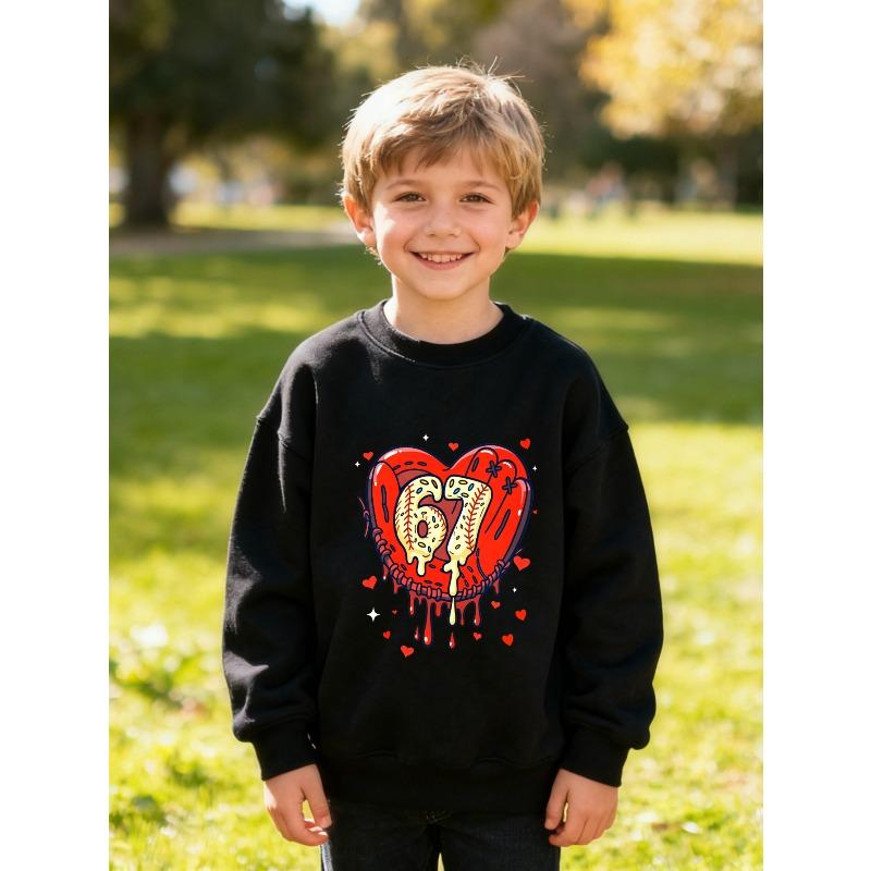 Kids Red Heart Baseball Glove Drip Number 67 Print Sweatshirt Unisex Boys Girls Sport Star Crewneck Long Sleeve Pullover Children Sports Sweat Top