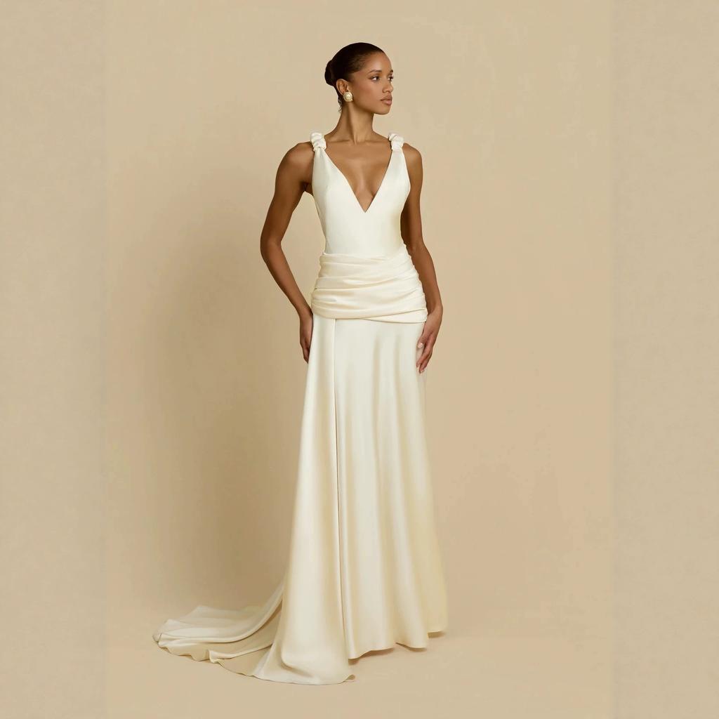 Suspender British European and American style backless long dress skirt women's deep V slim mopping wedding main yarn banquet temperament