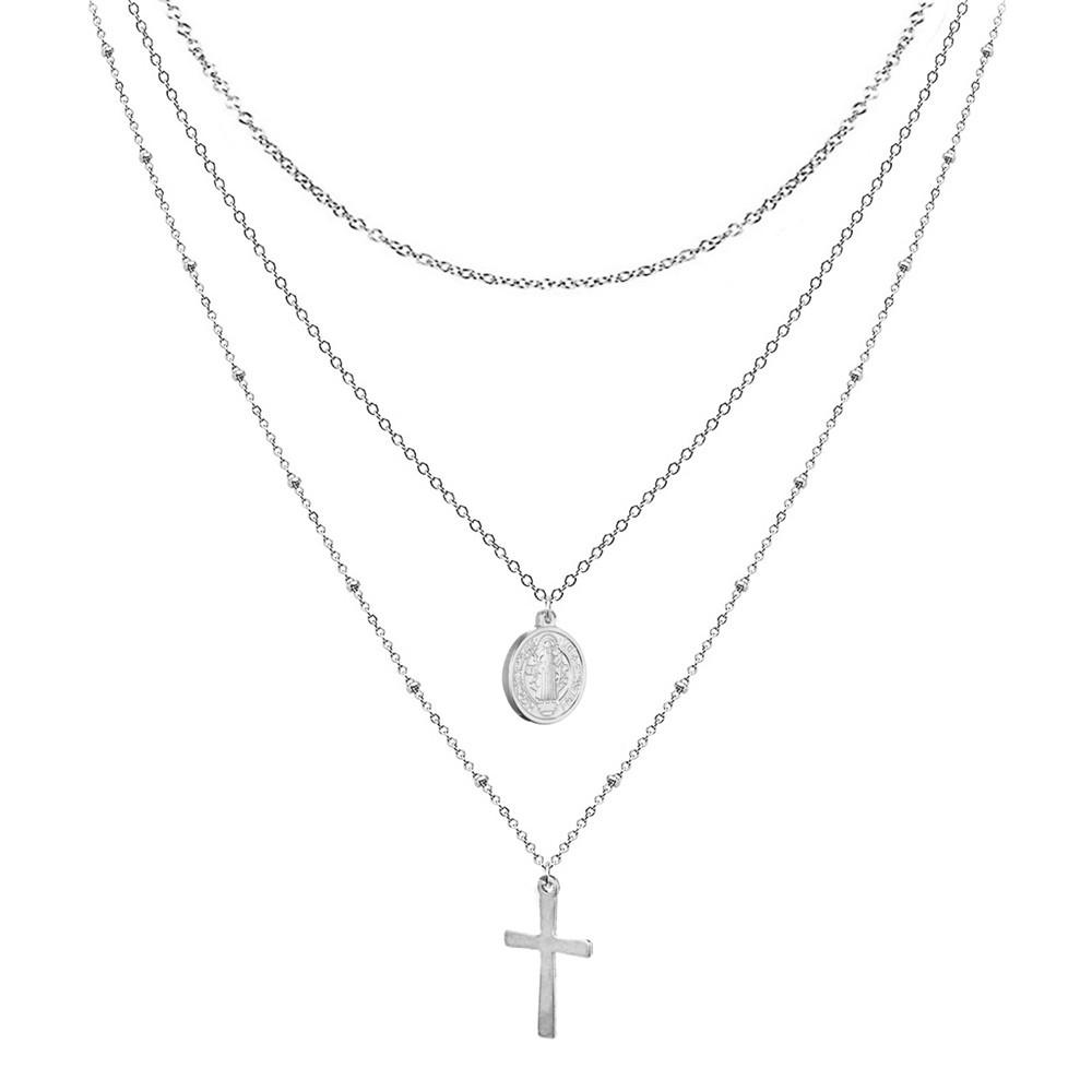 Stainless Steel Religious Cross Pendant Multi-Layer Necklace with Beads