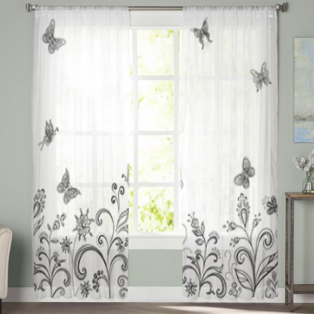 Perdele transparente cu flori și fluturi abstracte pentru fereastră din sufragerie perdea transparentă din tul din voal, draperii pentru dormitor, decor acasă