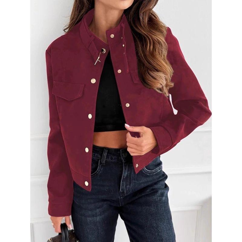 European and American Autumn and Winter New Fashion Stand Collar Wine Red Single-Breasted Loose Casual Motorcycle Style Long Sleeve Short Coat