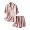 Nude Pink Silk Satin Women's Pajama Set - Short Sleeve & Shorts with Lace Trim