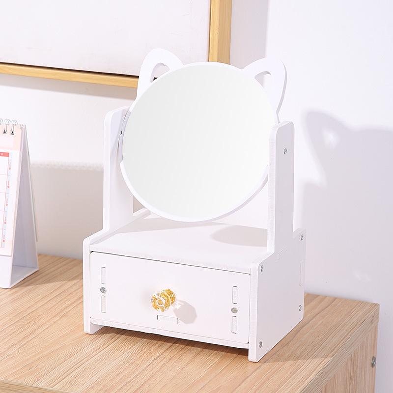 Double Drawer Wooden Cat Ear Vanity Mirror with Storage