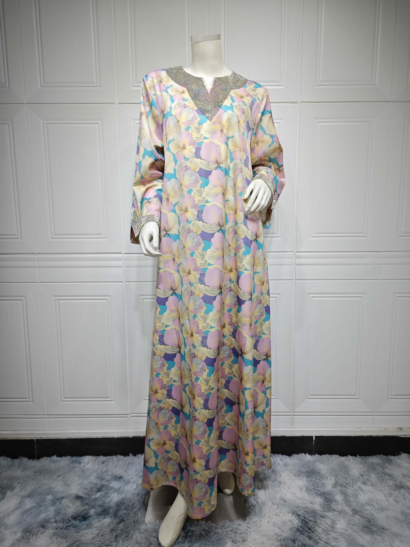 

AB383 Ближневосточный Дубайский Модный Принт Халат с Деталями из Пайеток - Мусульманская Джалабия Small светло-розовый