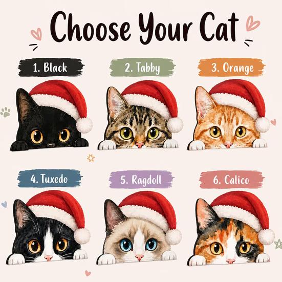 Christmas Table Centerpiece Cute Cat Shelf Sitter, Wooden Hat Peeking Desk Figurine, Funny Animal Desktop Background Ornament Sign, Lover Gift