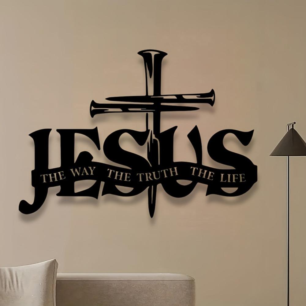 Iron Cross Metal Wall Art, 2D Black Flat Design for Indoor Outdoor Living Room Bathroom Kitchen Office Decor, Religious Farmhouse Hanging Ornament