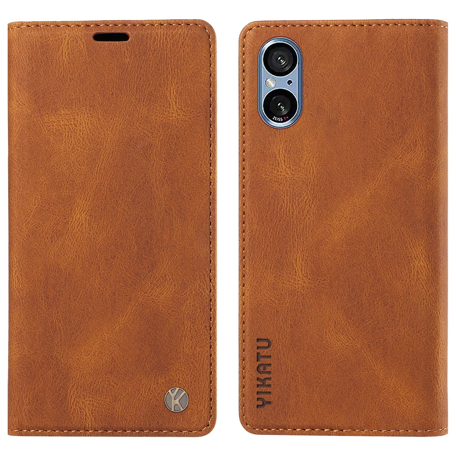 

YIKATU YK-004 Чехол для Sony Xperia 10 VI Кожаный с тактильным покрытием Чехол для телефона Магнитная автофиксация Brown