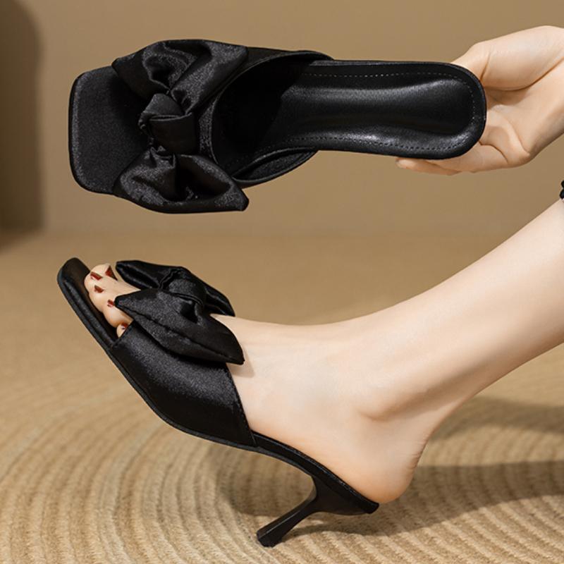 Fashion Bow Women Mid Heels Slippers Designer Heeled Sandals Woman Shoes 2025 Summer Dress Stilettos Pumps Fad Brand Sandalias De Mujer