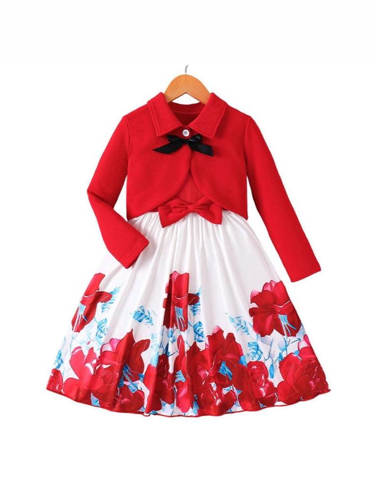 Girls' Red Patchwork Two-Piece Set: Bow Cardigan & Dress