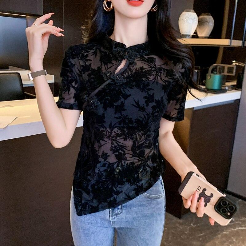 Summer Short Sleeve Mesh Lace Shirts And Blouses 2023 Fashion Stand Vintage Black Sexy Tops Lady See Through Shirts Blusas 26608