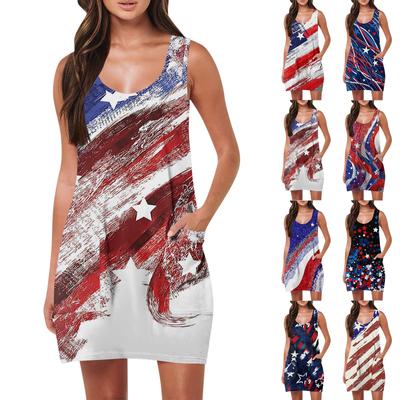 Women's Summer Casual Fashion Sleeveless Tank Pocket Beach Independence Day Printed Dresses