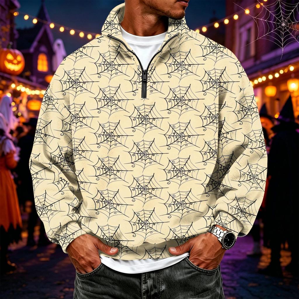 Men's Flannel Quarter-Zip Long Sleeve Pullover Hoodie with Halloween Print