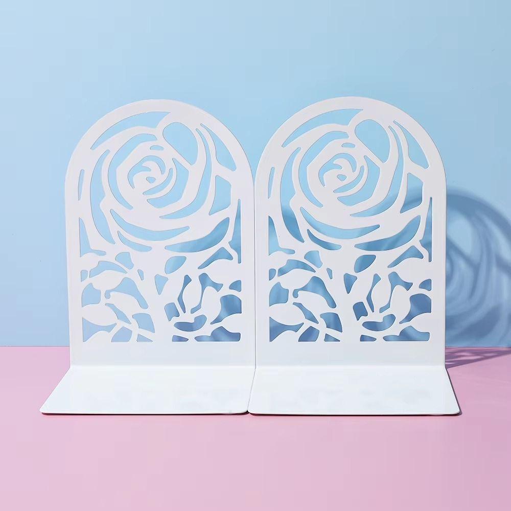 2Pcs Metal Rose Bookends Hollow Design Book Stoppers Durable Bookshelf Organizer Bookshelf