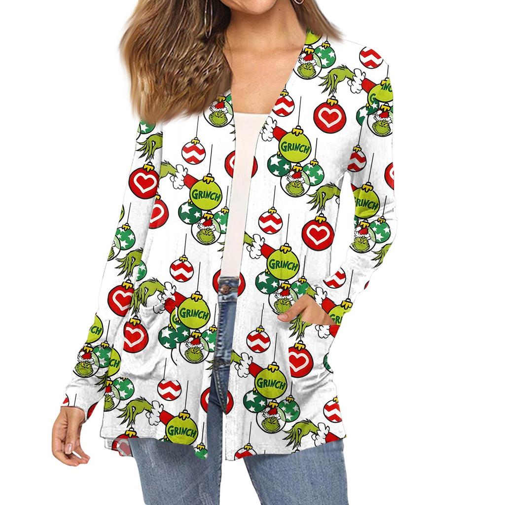 Dámský módní vánoční potisk dlouhý rukáv kapsy slim fit kardigan kabát