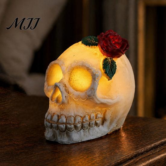 Durable Skull Light Gothic Up Rose Flower Figurine, Day of Dead Resin Cool Pattern Lamp Statue, Spooky Halloween Skeleton Head for Desk Home
